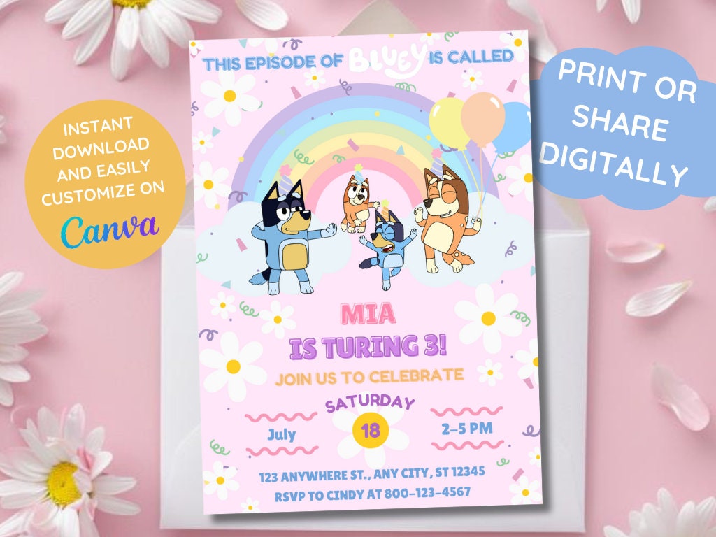 Girl Party Birthday Invitation Template Party Invitation Digital Party Girl Invite Template Party Girl Party Invite Bluey