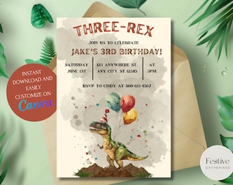 Editable Three-Rex Birthday Invitation, Dinosaur Invitation, Three Rex Birthday,Instant Download Invite,Digital Dinosaur Invitation Template