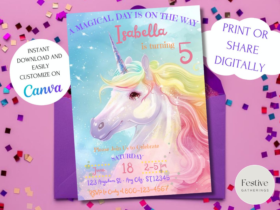 Editable Unicorn Birthday Invitation, Personalized Unicorn Birthday ...