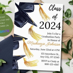 Graduation Invitation Template 003V, Printable Editable Digital Graduation Invite, Class of 2024, Graduation Party Invitation, High School