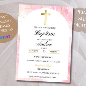 Modern Christening Invitation Girl Baptism Digital Invitation Template Pink Christening Invite Template Pink Watercolor,Girl Pink Gold Evite