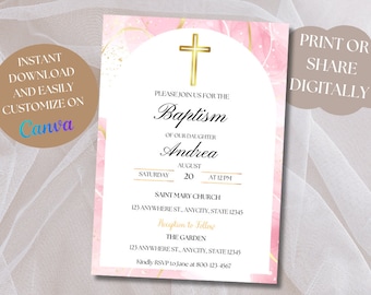 Modern Christening Invitation Girl Baptism Digital Invitation Template Pink Christening Invite Template Pink Watercolor,Girl Pink Gold Evite