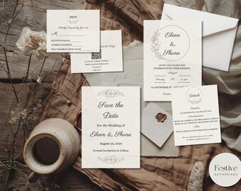 Suite de faire-part de mariage EILEEN, date de réservation florale, lot d'invitations élégantes, code QR RSVP, carte de détails minimalistes, téléchargement immédiat