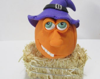 Funny pumpkin with witch hat polymer clay