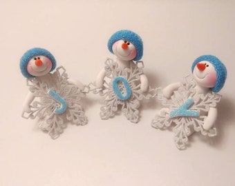 Snowmen ornaments with JOY letters table top decoration or tree ornaments set of 3 polymer clay snowmen