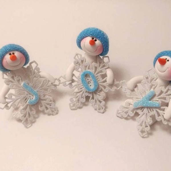 Snowmen ornaments with JOY letters table top decoration or tree ornaments set of 3 polymer clay snowmen