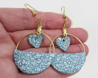 Heart and half circle gold hoop earrings in polymer clay