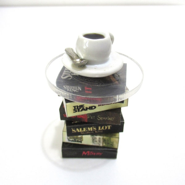 Miniature Stephen King stack of books as a side table with miniature coffee cup