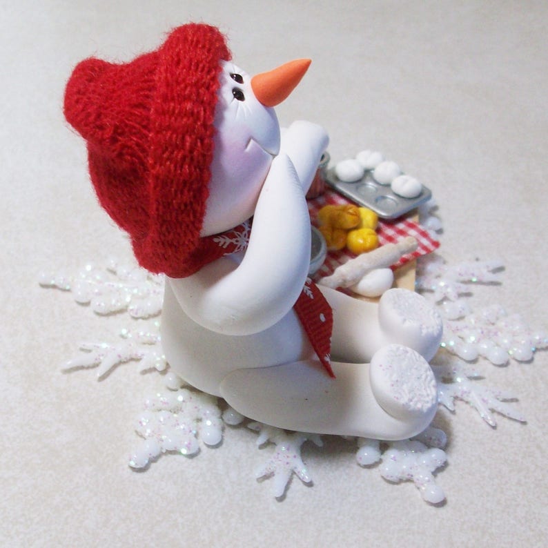 Ready to do some baking Snowman ornament with snowflake base polymer clay snowman