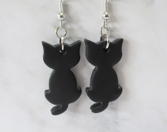 Black cat silhouette drop dangle earrings