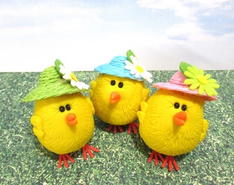 Spring yellow chick figurine with cute wicker hat