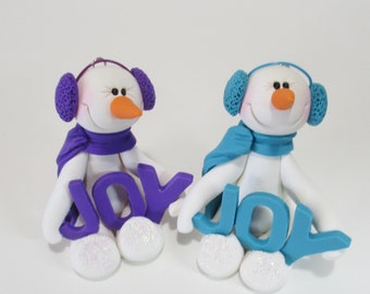 Snowman ornament Full of JOY purple or blue ear muffs polymer clay snowman