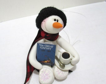 Snowman ornament with a good book and a cup of coffee choose your book titles