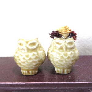 May include: Two small ceramic owl planters in a light beige color. The planter on the right has a small bouquet of yellow and brown flowers.