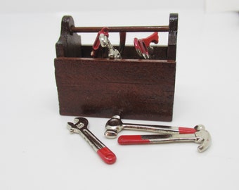 miniature wooden tool box with 8 metal tools