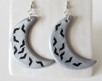 Silver Moon and flying bats earrings polymer clay