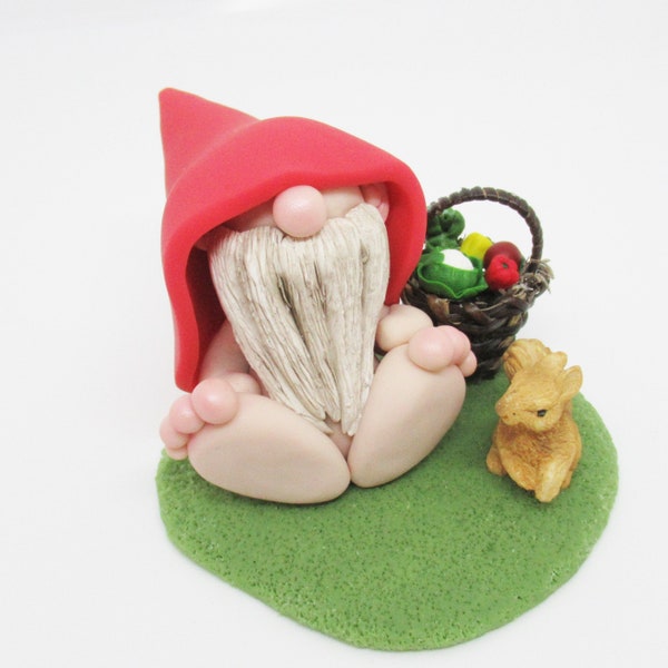 Gnome figurine and his basket of vegetables, polymer clay figurine