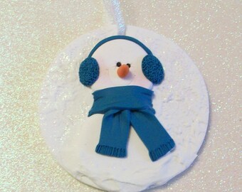 Snowman ornament with ear muffs polymer clay snowman