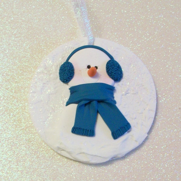 Snowman ornament with ear muffs polymer clay snowman