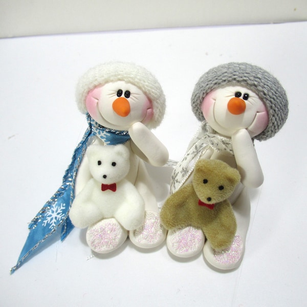 Snowman ornament cuddling his white or tan Teddy Bear polymer clay snowman