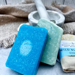 May include: Two rectangular bars of soap, one vibrant blue and one pale mint green, both featuring a textured, salt-like surface. A partial label on the green bar reads "HIDDEN SEA SALT BRINE" and "WILD BL". The soap bars have a grainy finish.