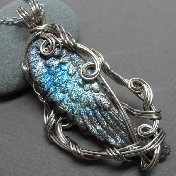 Fae Glamour Angel Wing Necklace Fairy Iridescent and Silver