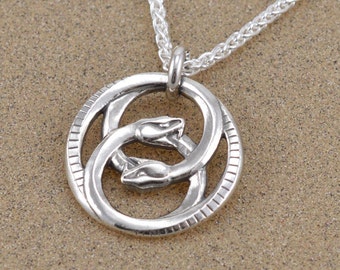 Double Ouroboros Pendant Necklace - Lost Wax Cast - Leather Cord or Sterling Wheat Chain