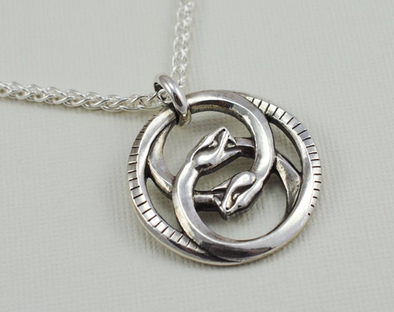 Double Ouroboros Pendant Necklace Lost Wax Cast Leather Cord or Sterling Wheat Chain image 2