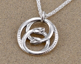 Double Ouroboros Pendant Necklace - Lost Wax Cast - Leather Cord or Sterling Wheat Chain