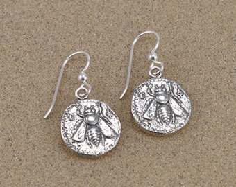 Ephesus Bee Coin Earrings - Sterling Silver with French Hooks - Lost Wax Cast