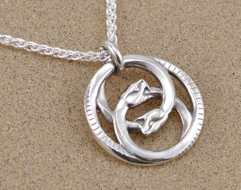 Double Ouroboros Pendant Necklace Lost Wax Cast Leather Cord or Sterling Wheat Chain image 4