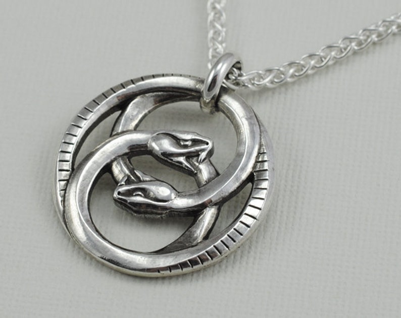 Double Ouroboros Pendant Necklace Lost Wax Cast Leather Cord or Sterling Wheat Chain image 3