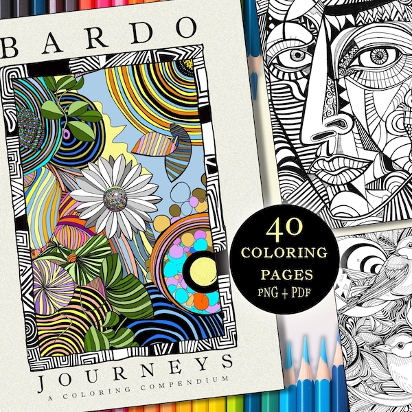 Surreal Adventure Coloring Book - 40 Pages PDF/PNG - Adult Stress Relief Art - BARDO Series: Journeys