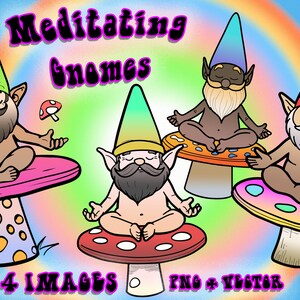 Pode incluir: Quatro gnomos de desenho animado meditando em posição de lótus em banquinhos de cogumelos coloridos. Os gnomos têm chapéus e tons de pele de diferentes cores. O texto "Meditating Gnomes" está na parte superior da imagem. O texto "4 Images PNG + Vector" está na parte inferior da imagem.