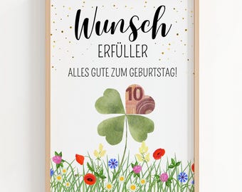 Birthday money gift, wish fulfiller, gift certificate, birthday present, money gift PDF, packaging, printable template, cloverleaf, wildflowers, download