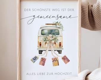 Wedding Money Gift A4 Printable Template VW Bulli Wedding Car PDF Instant Download Last Minute Gift Bride and Groom Just Married