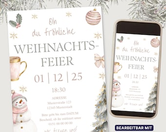 May include: A Christmas party invitation with watercolor illustrations of a snowman, ornaments, and a Christmas tree. The invitation includes the text "Oh du fröhliche WEIHNACHTS-FEIER" and event details.