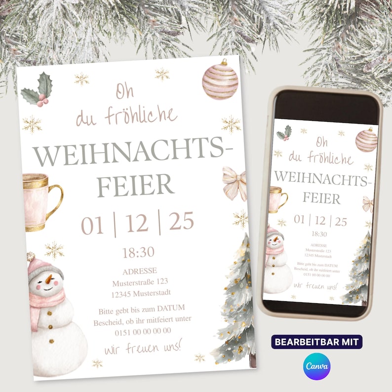 Einladung Weihnachtsfeier, digital Weihnachten Einladung, rosa Weihnachtsfeier, Canva Vorlage zum Drucken und mobil Verschicken per WhatsApp