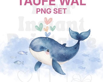 Papelería de bautismo PNG, clipart de regalo de ballena y pez, póster de bautismo DIY, invitación de bautismo, conjunto de diseño de decoración de folletos de iglesia, descarga digital