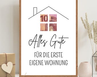 Könnte beinhalten: Ein gerahmter Druck mit einer Hausumrisszeichnung und der Zahl 10 in den Fenstern. Der Text "Alles Gute" und "FÜR DIE ERSTE EIGENE WOHNUNG" sind in schwarzer Schrift geschrieben. Der Rahmen ist braun.