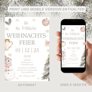 Einladung Weihnachtsfeier, digital Weihnachten Einladung, rosa Weihnachtsfeier, Canva Vorlage zum Drucken und mobil Verschicken per WhatsApp