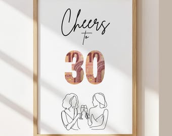 Money gift for a girl's 30th birthday, gift certificate for wife, girlfriend, daughter, money gift wrapping, birthday present, money gift idea, PDF instant download