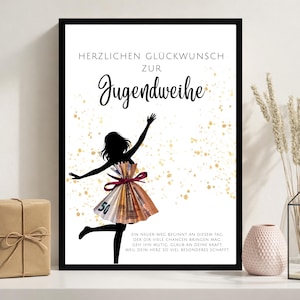 Op de afbeelding: Een ingelijste print met een zwart silhouet van een persoon in een jurk gemaakt van eurobiljetten. De tekst luidt "HERZLICHEN GLÜCKWUNSCH ZUR Jugendweihe" en een bericht hieronder. Gouden spikkels versieren de achtergrond.
