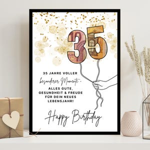 May include: A framed birthday print with the number 35 formed by euro banknotes. The print includes the text "Happy Birthday" and German text wishing a happy new year. Gold confetti and a hand holding the balloons complete the design.