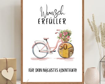 Wish-fulfilling bicycle cash gift cyclist gift cyclist digital download PDF DIY voucher money birthday adventure A4