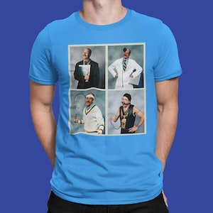 May include: A light blue t-shirt with a four-panel image. Each panel depicts a man in various outfits: a suit, a doctor's coat, tennis gear, and a leather vest. The image has a vintage, humorous style.