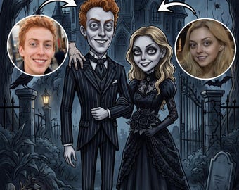 Custom Gothic Family Portrait with Pets, Addams Style Couple,Personalized Halloween Wall Art, Custom Gothic Family Portrait with Pets,Custom