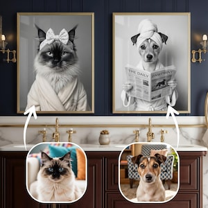 Custom Pet Portrait Photo,Funny Bathroom Art,Dog Reading Newspaper on Toilet,Dog Wall Art,,Pet in Bathtub,Pet Owner Gift,Custom Pet Portrait