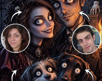 Custom Gothic Family Portrait with Pets, Addams Style Couple,Personalized Halloween Wall Art, Custom Gothic Family Portrait with Pets,Custom