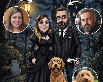 Custom Gothic Family Portrait with Pets, Addams Style Couple